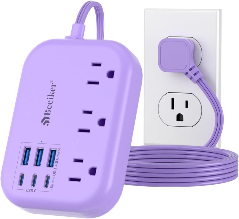Beeiker 6 USB(3 USB C) Purple Travel Power Strip- 5Ft Purple Extension Cord with USB Charging Station 24W and 3 Outlets, Pink Desk Accessories for Cruise Travel Cute Kawaii Lavender Home Office Dorm Room - Image 1